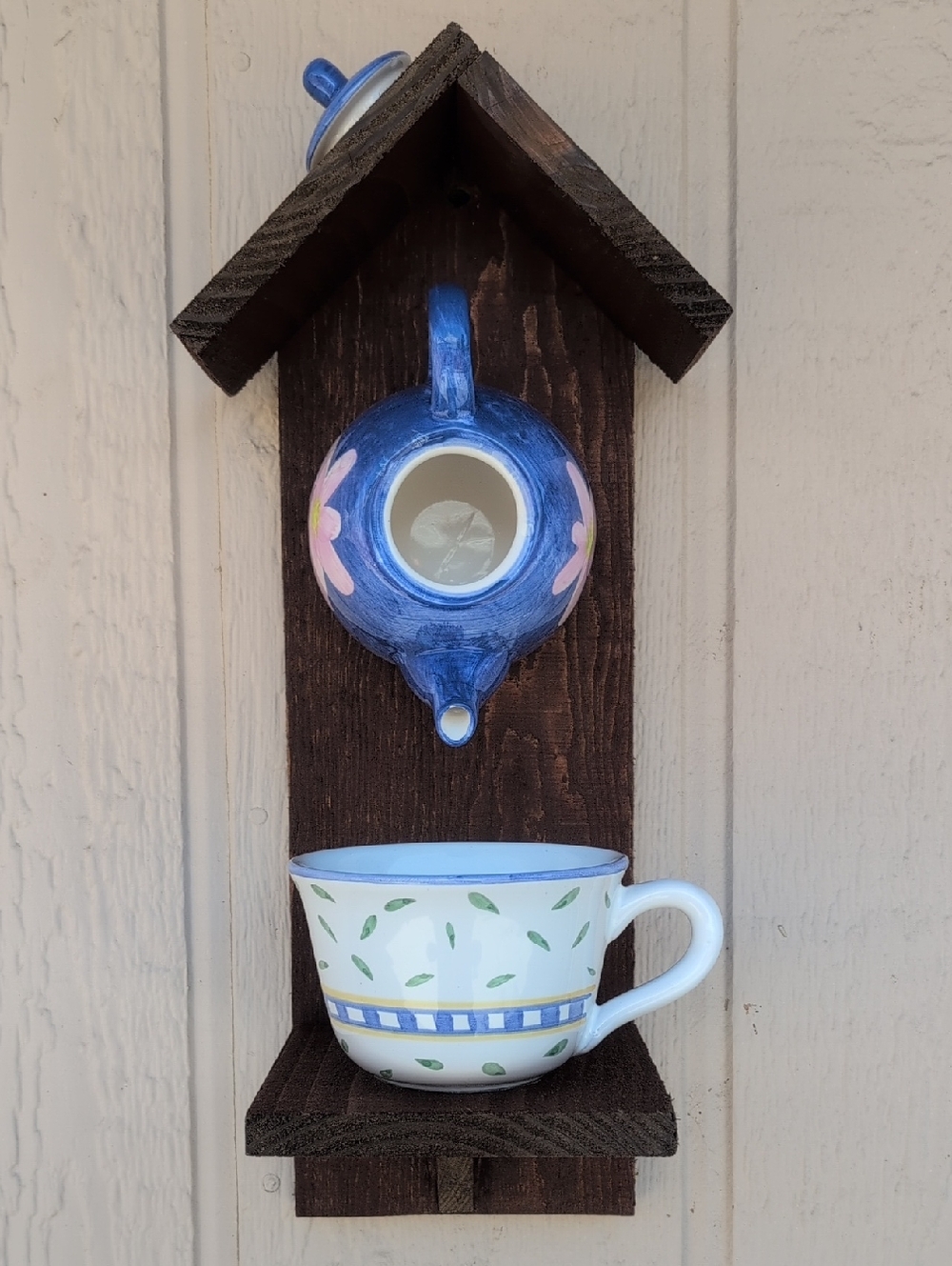 Rustic Wooden Handmade Teapot Bird Feed Blue And Pink Tea Time